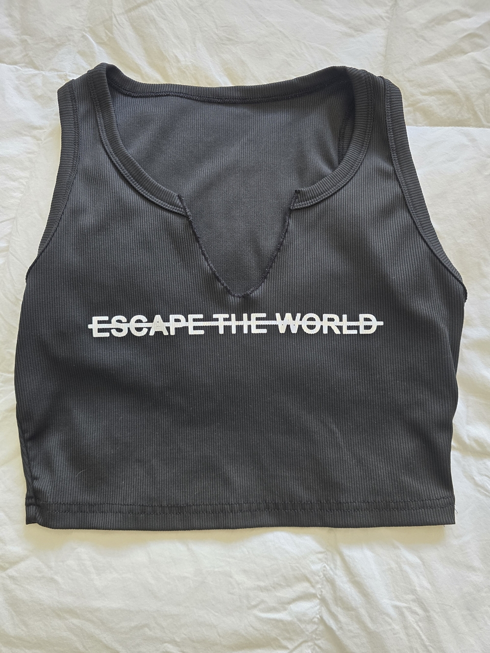 Black Ribbed Tank / Crop Top with 'Escape The World' Print
